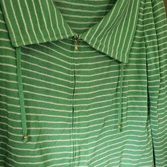St. John Green White Stripe Sweater Jacket Zip Front - Picture 4 of 7
